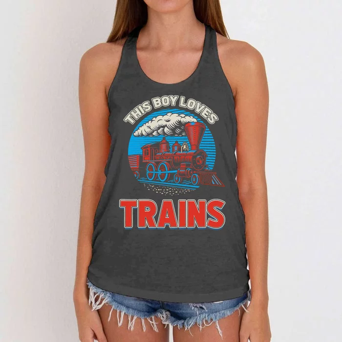 This  loves trains locomotives and wagon! boys train Women's Knotted Racerback Tank