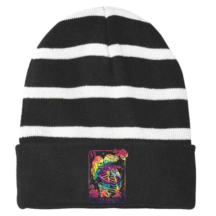 The Lovers Tarot Card Goth Tie Dye Kissing Lesbian Skeletons Striped Beanie with Solid Band