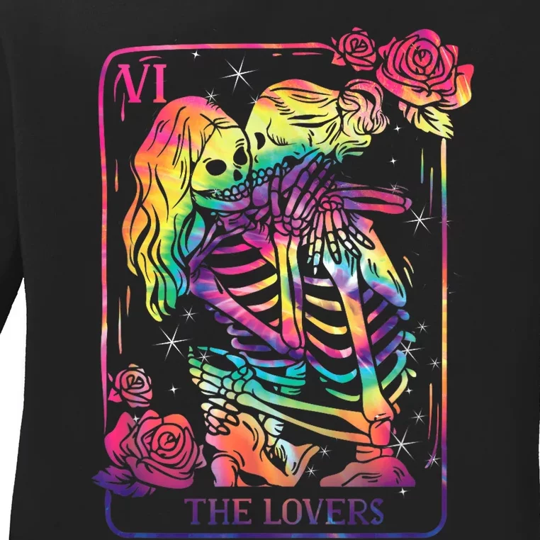 The Lovers Tarot Card Goth Tie Dye Kissing Lesbian Skeletons Ladies Long Sleeve Shirt