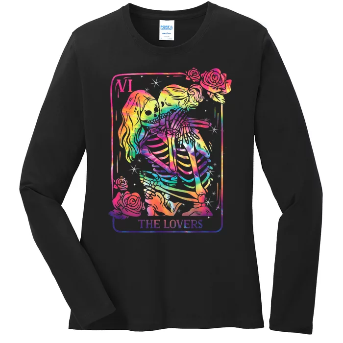 The Lovers Tarot Card Goth Tie Dye Kissing Lesbian Skeletons Ladies Long Sleeve Shirt