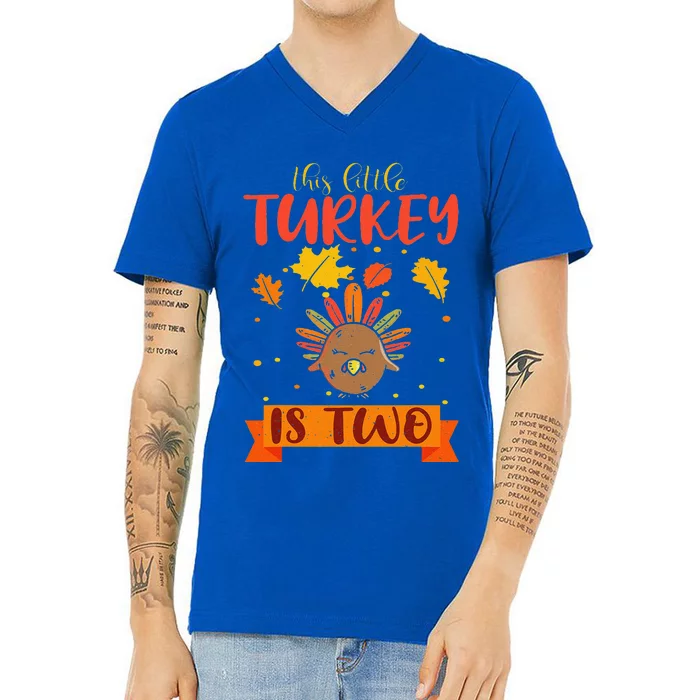 This Little Turkey Is 2 Two BDay Fall Autumn Thanksgiving V-Neck T-Shirt