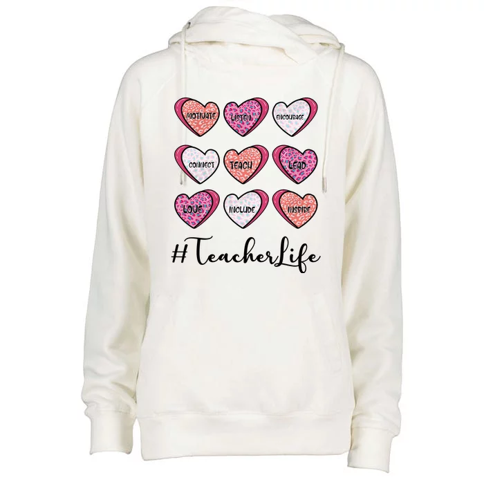 Teachers Life Valentines Day Heart Candy Womens Funnel Neck Pullover Hood