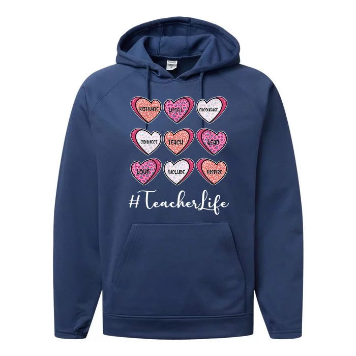 Teachers Life Valentines Day Heart Candy Performance Fleece Hoodie