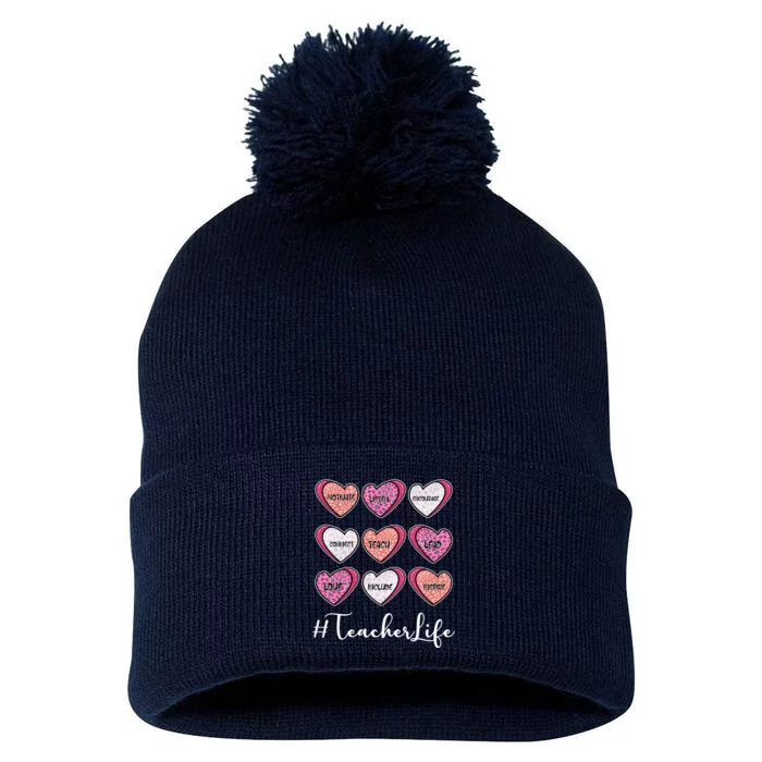 Teachers Life Valentines Day Heart Candy Pom Pom 12in Knit Beanie