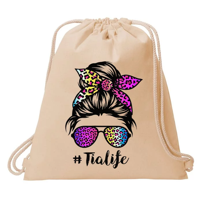 Tia life with Rainbow Leopard Messy Bun Mother's Day Drawstring Bag