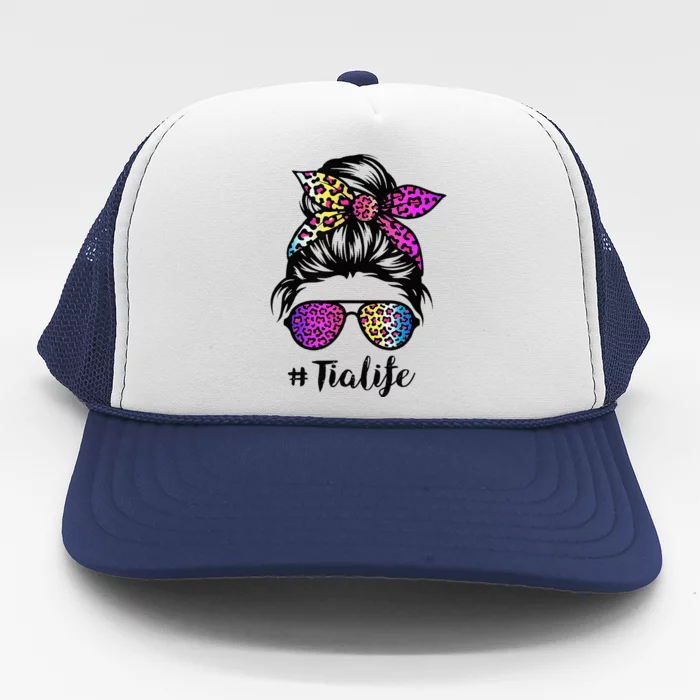 Tia life with Rainbow Leopard Messy Bun Mother's Day Trucker Hat