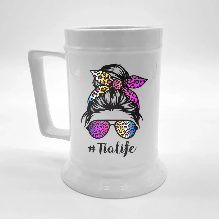 Tia life with Rainbow Leopard Messy Bun Mother's Day Front & Back Beer Stein