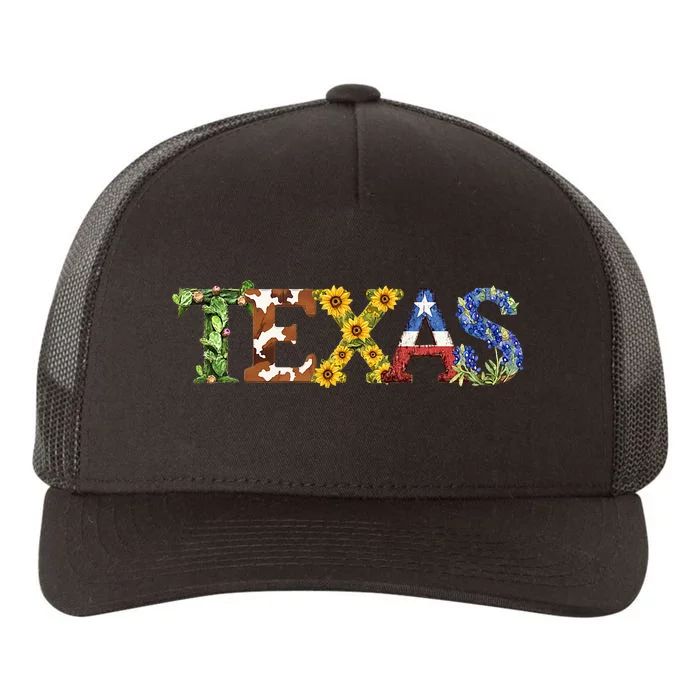 Texasthemed Letters With Cactus Sunflowers & Bluebonnets Yupoong Adult 5-Panel Trucker Hat