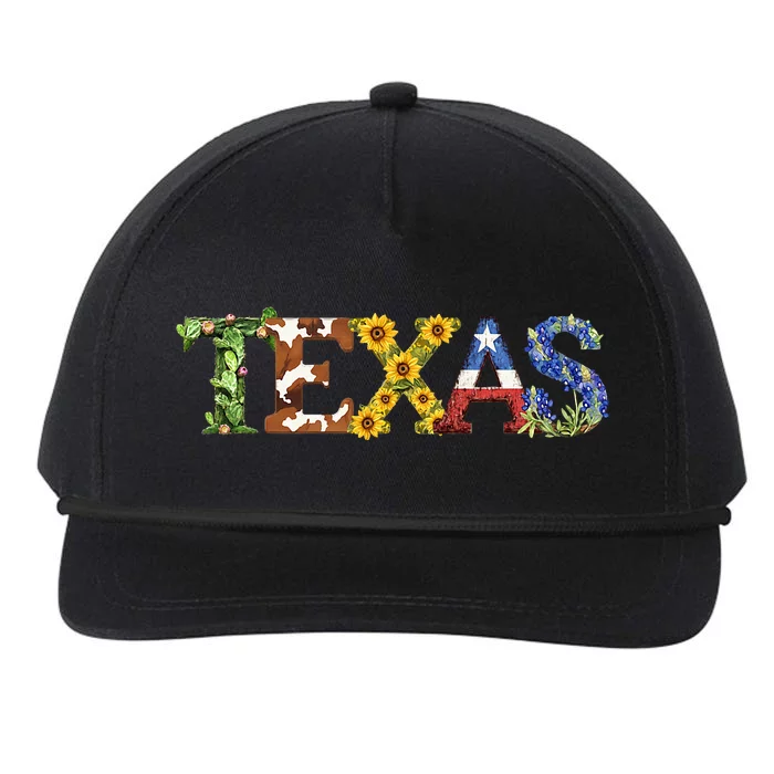 Texasthemed Letters With Cactus Sunflowers & Bluebonnets Snapback Five-Panel Rope Hat