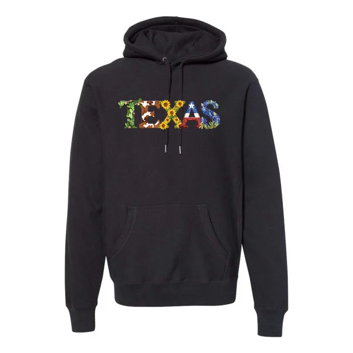 Texasthemed Letters With Cactus Sunflowers & Bluebonnets Premium Hoodie