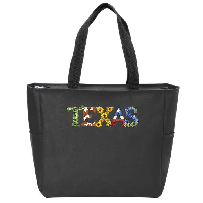 Texasthemed Letters With Cactus Sunflowers & Bluebonnets Zip Tote Bag