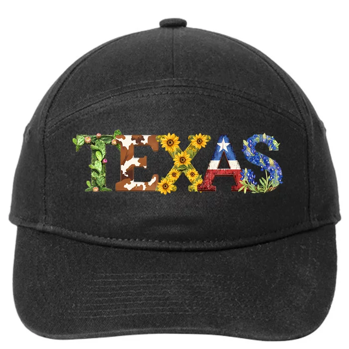 Texasthemed Letters With Cactus Sunflowers & Bluebonnets 7-Panel Snapback Hat