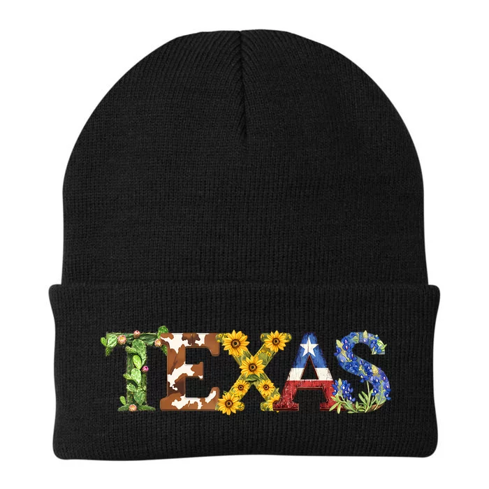 Texasthemed Letters With Cactus Sunflowers & Bluebonnets Knit Cap Winter Beanie