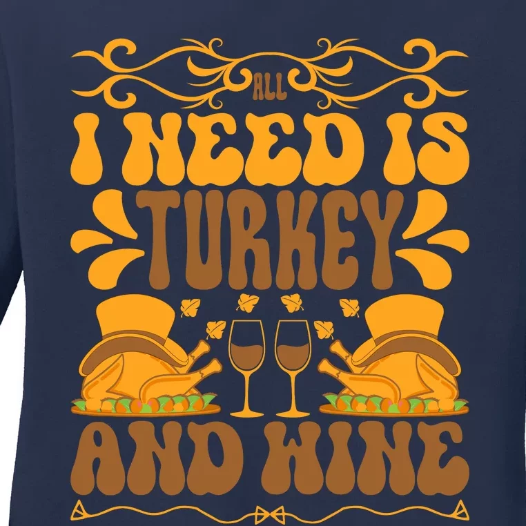 Turkey Lover Wine Lover Happy Thanksgiving Wine Glass Thanksgiving Dinner Ladies Long Sleeve Shirt