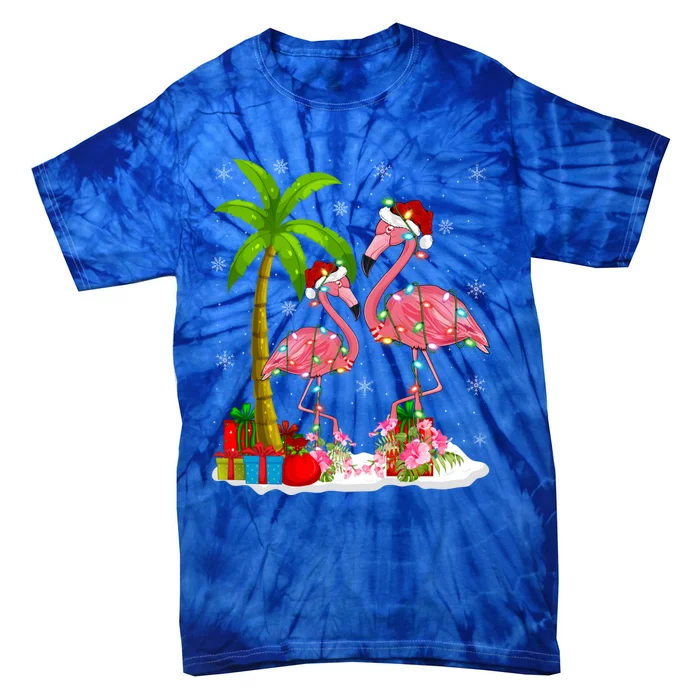 Tropical Lighting Xmas Palm Tree Pink Flamingo Christmas Gift Tie-Dye T-Shirt