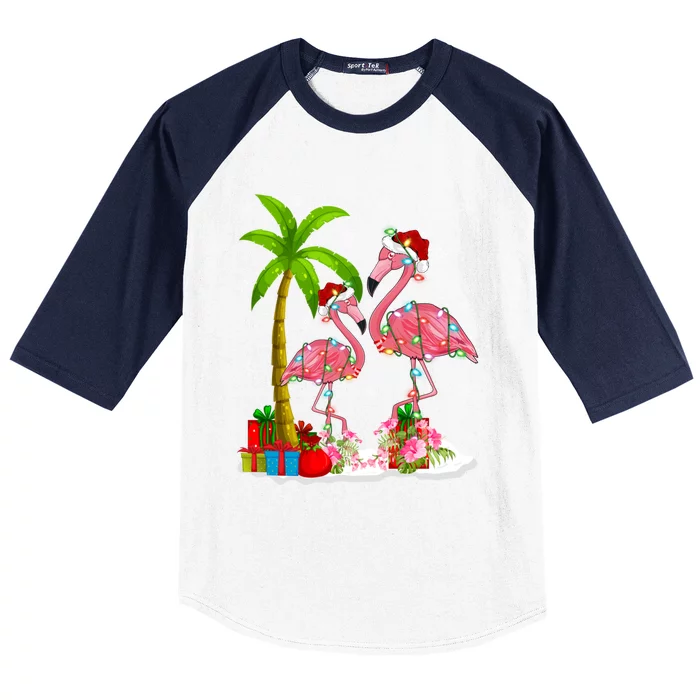 Tropical Lighting Xmas Palm Tree Pink Flamingo Christmas Gift Baseball Sleeve Shirt