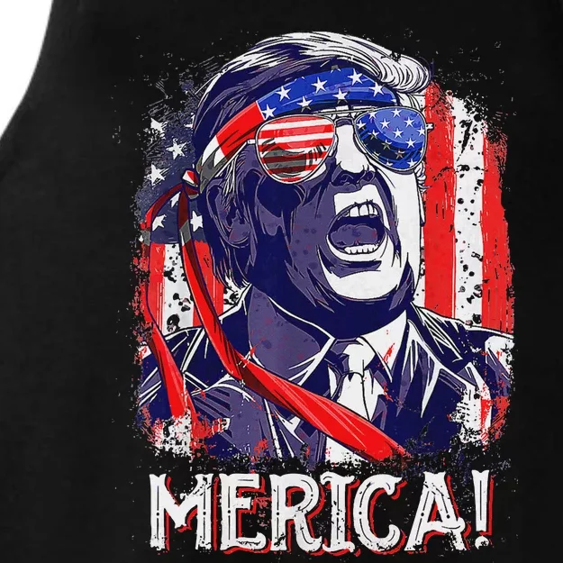 Trump Merica 4th Of July American Flag Ladies Tri-Blend Wicking Tank