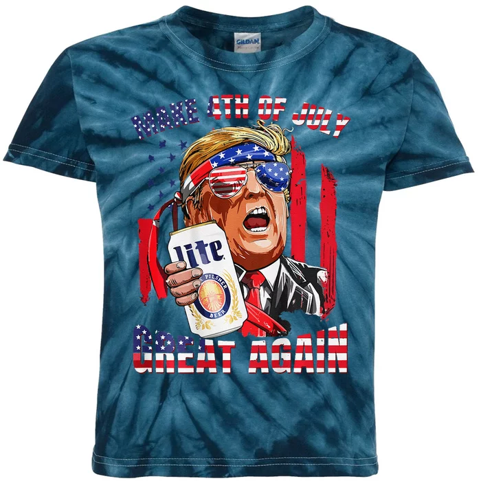 Trump Make 4th Of July Great Again Drinking Beer 2 Side Kids Tie-Dye T-Shirt