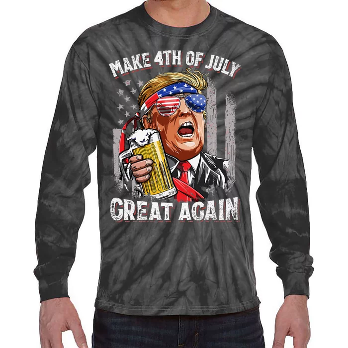 Trump Make 4th of July Great Again Drinking Beer Funny Tie-Dye Long Sleeve Shirt