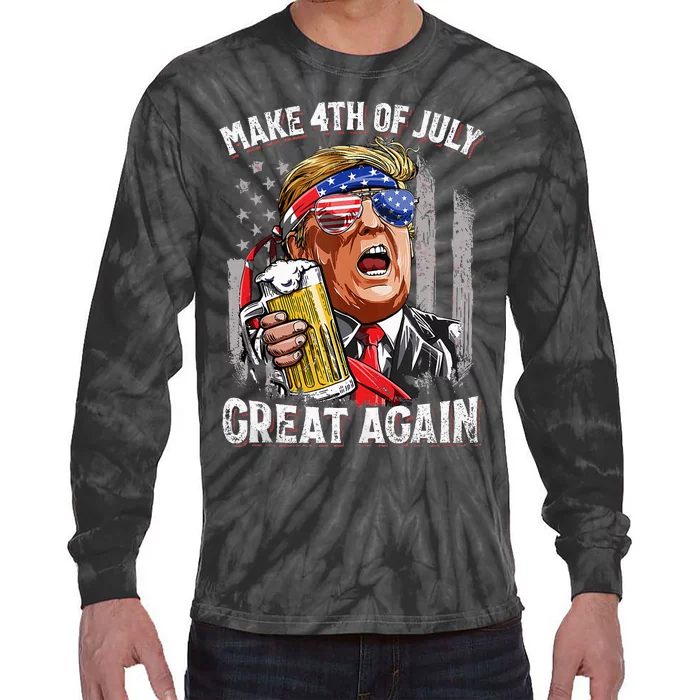 Trump Make 4th Of July Great Again Drinking Beer Tie-Dye Long Sleeve Shirt