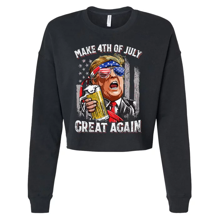 Trump Make 4th Of July Great Again Drinking Beer Cropped Pullover Crew