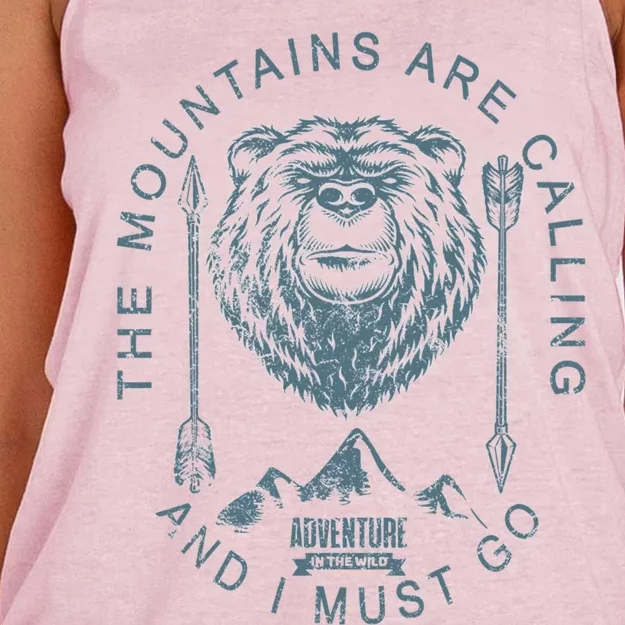 The Mountains Are Calling And I Must Go Wild Bear Design Gift Women's Knotted Racerback Tank