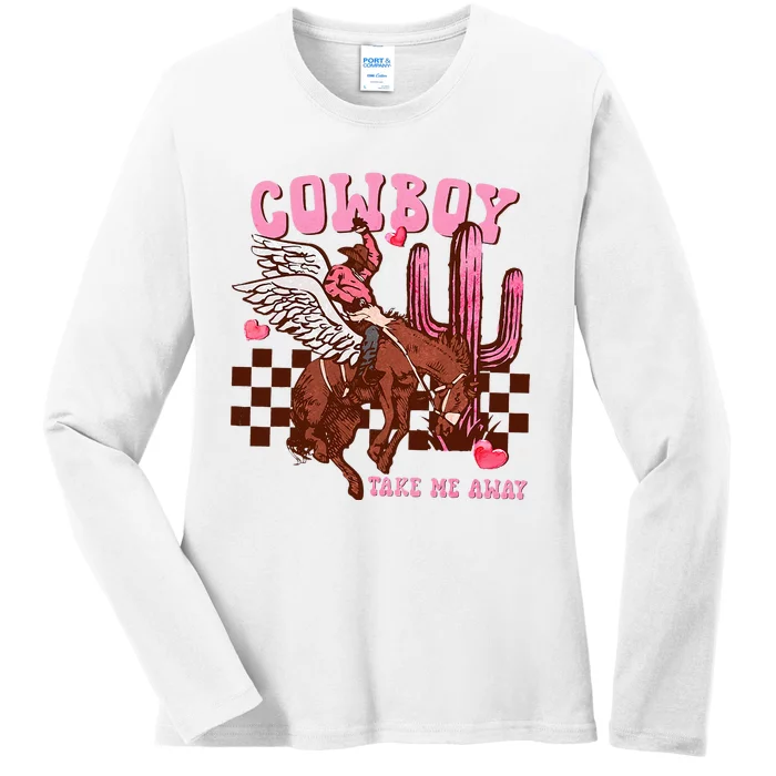 Take Me Away Valentine Cow Rodeo Horse Riding Western Ladies Long Sleeve Shirt