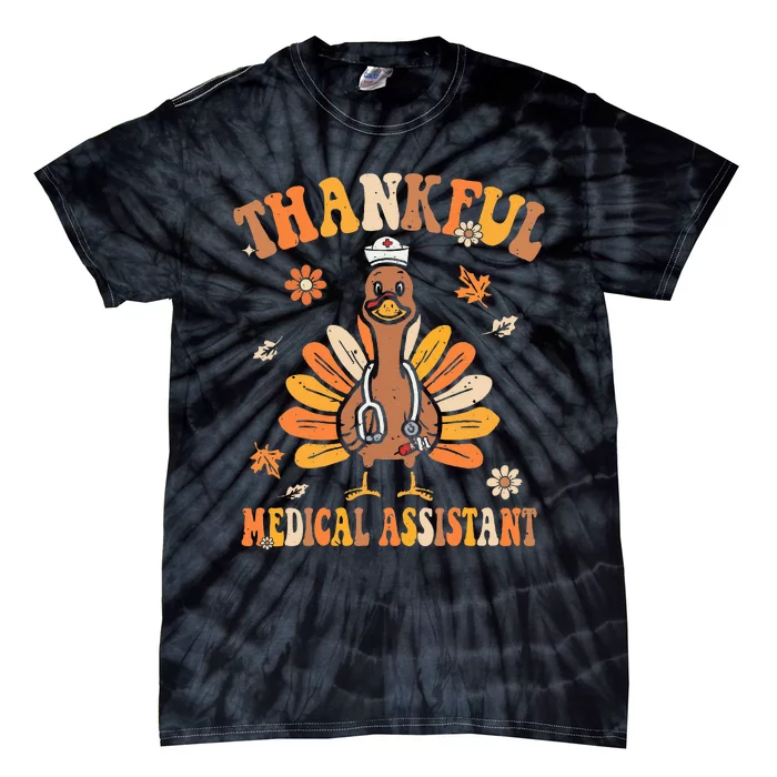 Thankful Medical Assistant Groovy Thanksgiving Turkey Nurse Tie-Dye T-Shirt