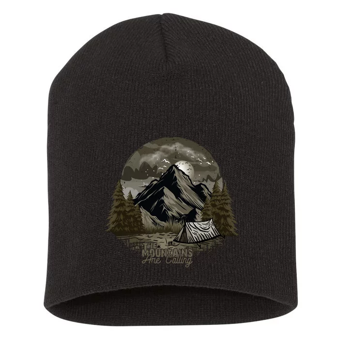 The Mountains Are Calling Adventure Graphic Short Acrylic Beanie