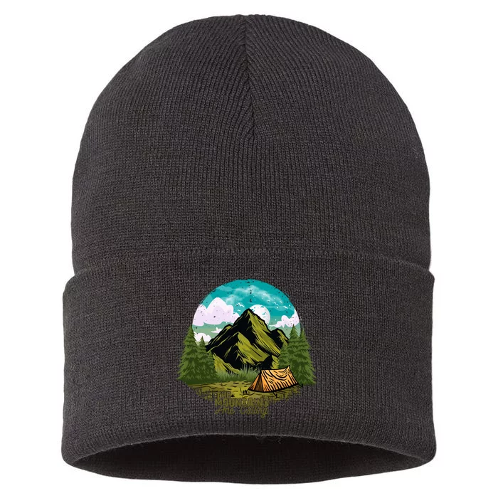 The Mountains Are Calling Camping Graphic Sustainable Knit Beanie