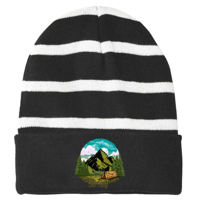 The Mountains Are Calling Camping Graphic Striped Beanie with Solid Band