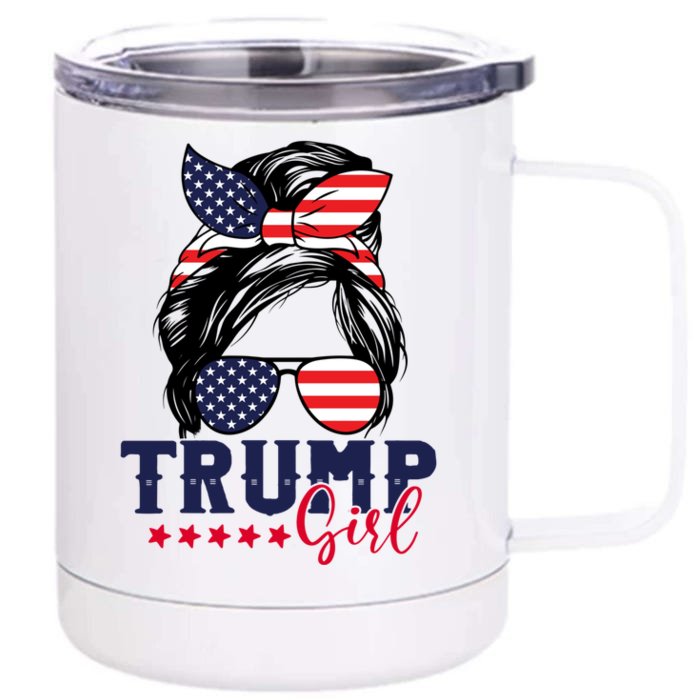 Trump Messy Bun Trump 2024 Election American Flag Gift Front & Back 12oz Stainless Steel Tumbler Cup