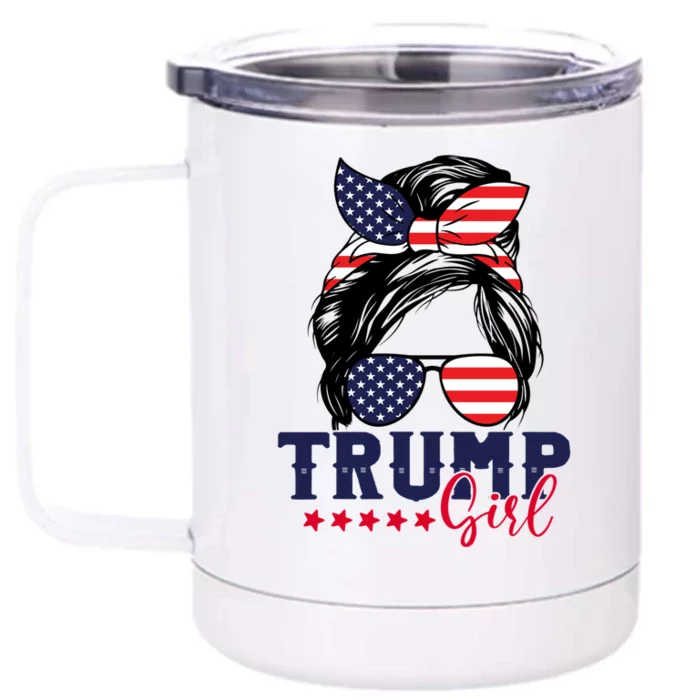 Trump Messy Bun Trump 2024 Election American Flag Gift Front & Back 12oz Stainless Steel Tumbler Cup