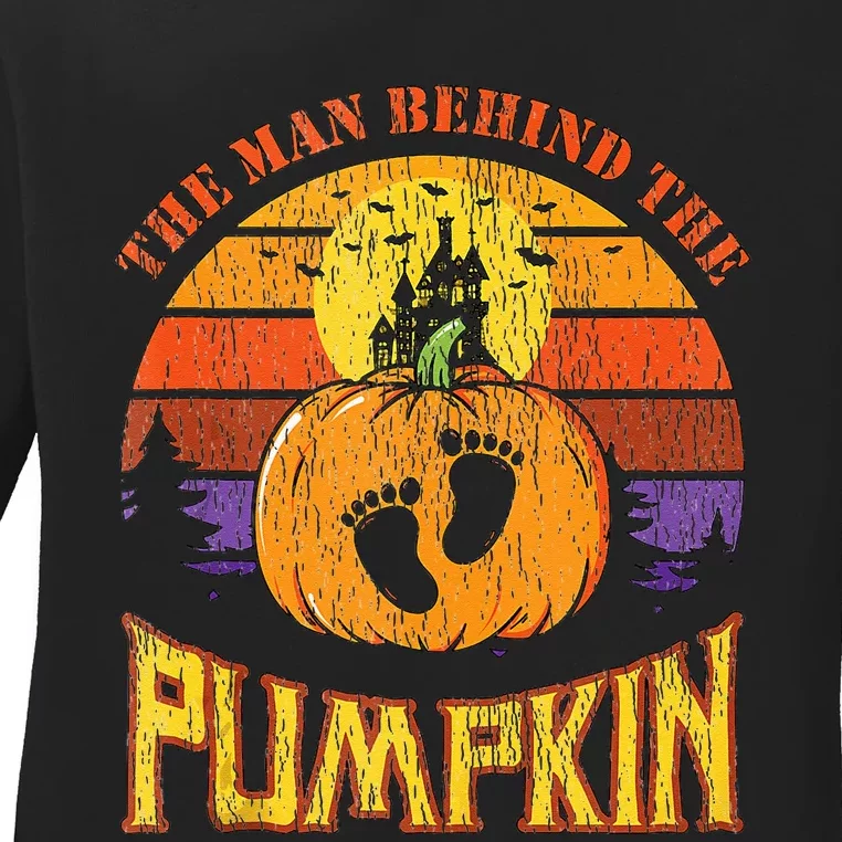 The Man Behind The Pumpkin Pregnancy Announcet Halloween Ladies Long Sleeve Shirt