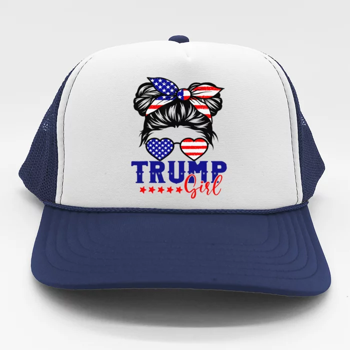 Trump Messy Bun Trump 2024 Election American Flag Trucker Hat