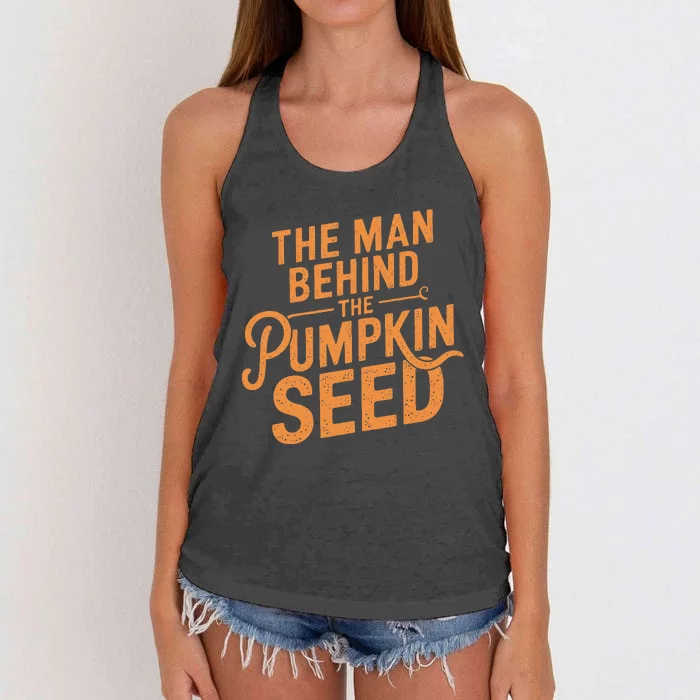 The Man Behind The Pumpkin Seed Halloween Pregnancy Women's Knotted Racerback Tank