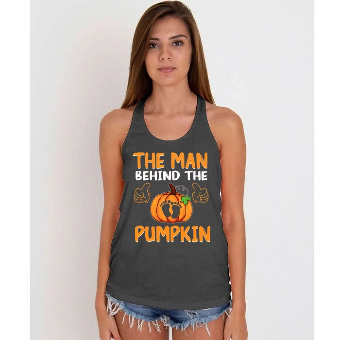 The Man Behind The Pumpkin New Baby Shower Dad Halloween Women's Knotted Racerback Tank