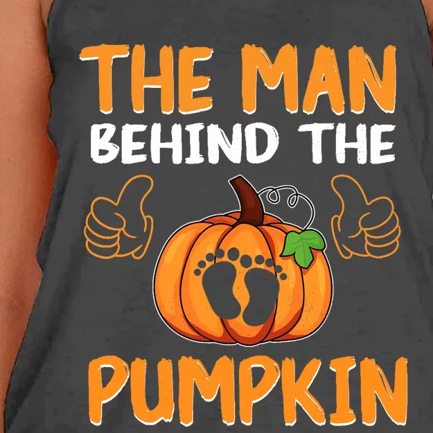 The Man Behind The Pumpkin New Baby Shower Dad Halloween Women's Knotted Racerback Tank