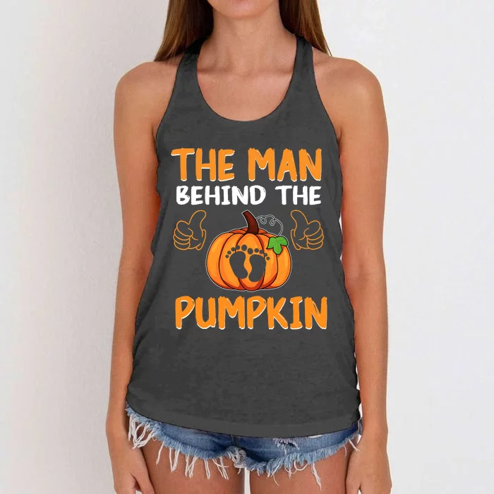 The Man Behind The Pumpkin New Baby Shower Dad Halloween Women's Knotted Racerback Tank