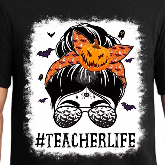 Teacher Messy Bun Spooky Pumpkin Orange Halloween Costume Pajama Set