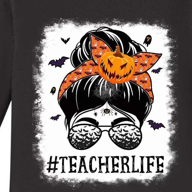 Teacher Messy Bun Spooky Pumpkin Orange Halloween Costume Baby Long Sleeve Bodysuit