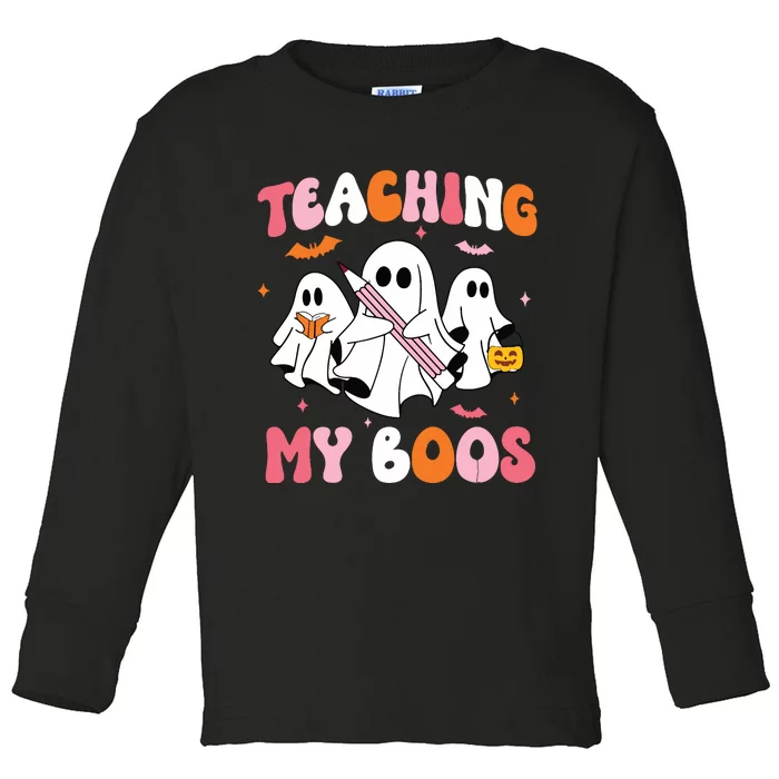 Teaching My Boos Spooky Teacher Ghost Halloween Groovy Retro Toddler Long Sleeve Shirt