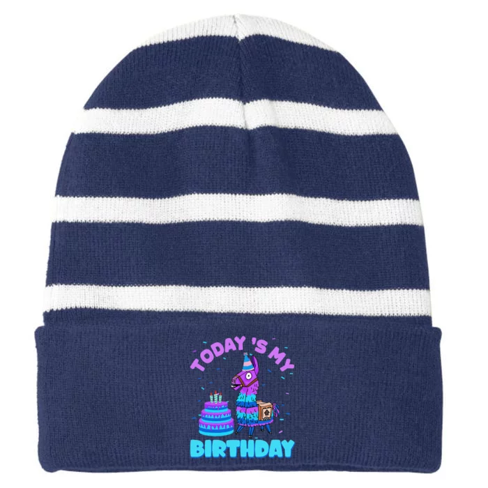 Todays My Birthday Llama Boy Family Party Decorations Striped Beanie with Solid Band