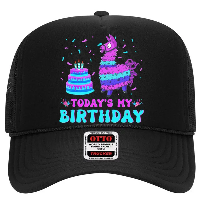 Todays My Birthday Llama Birthday Boy K.Ids Llama Decor Gift Cute High Crown Mesh Trucker Hat