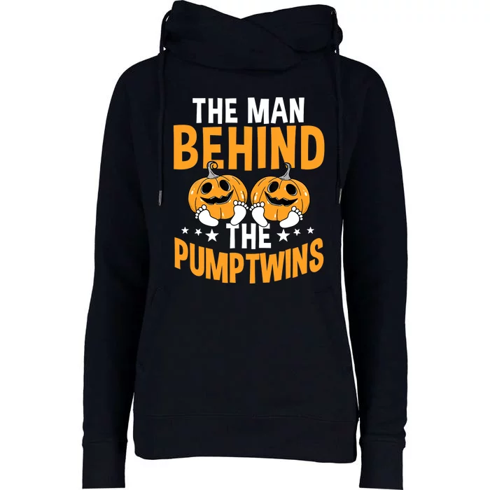 The Man Behind The Pumpkins Twins Halloween Pregnancy Womens Funnel Neck Pullover Hood