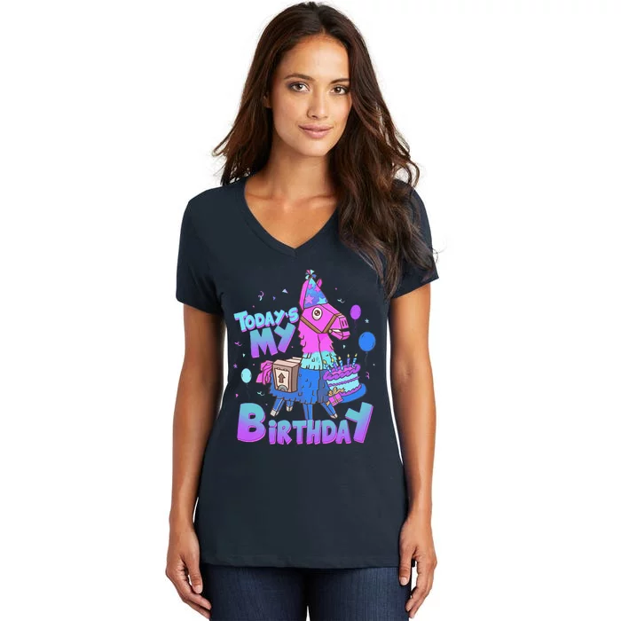 Todays My Birthday Llama Birthday Llama Decor Women's V-Neck T-Shirt