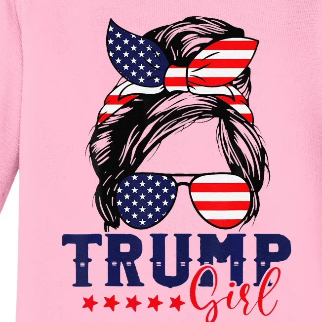 Trump Messy Bun Trump 2024 Election American Flag Baby Long Sleeve Bodysuit