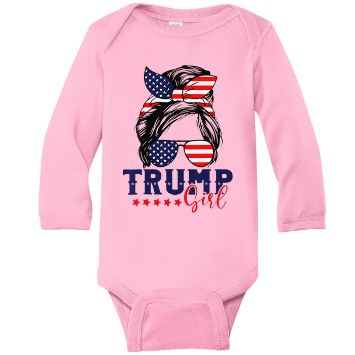 Trump Messy Bun Trump 2024 Election American Flag Baby Long Sleeve Bodysuit