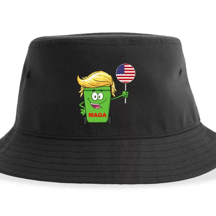 Trump Maga Cartoon Garbage Can American Flag Sustainable Bucket Hat