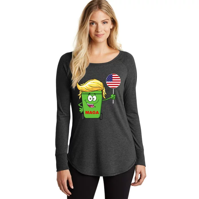 Trump Maga Cartoon Garbage Can American Flag Women's Perfect Tri Tunic Long Sleeve Shirt